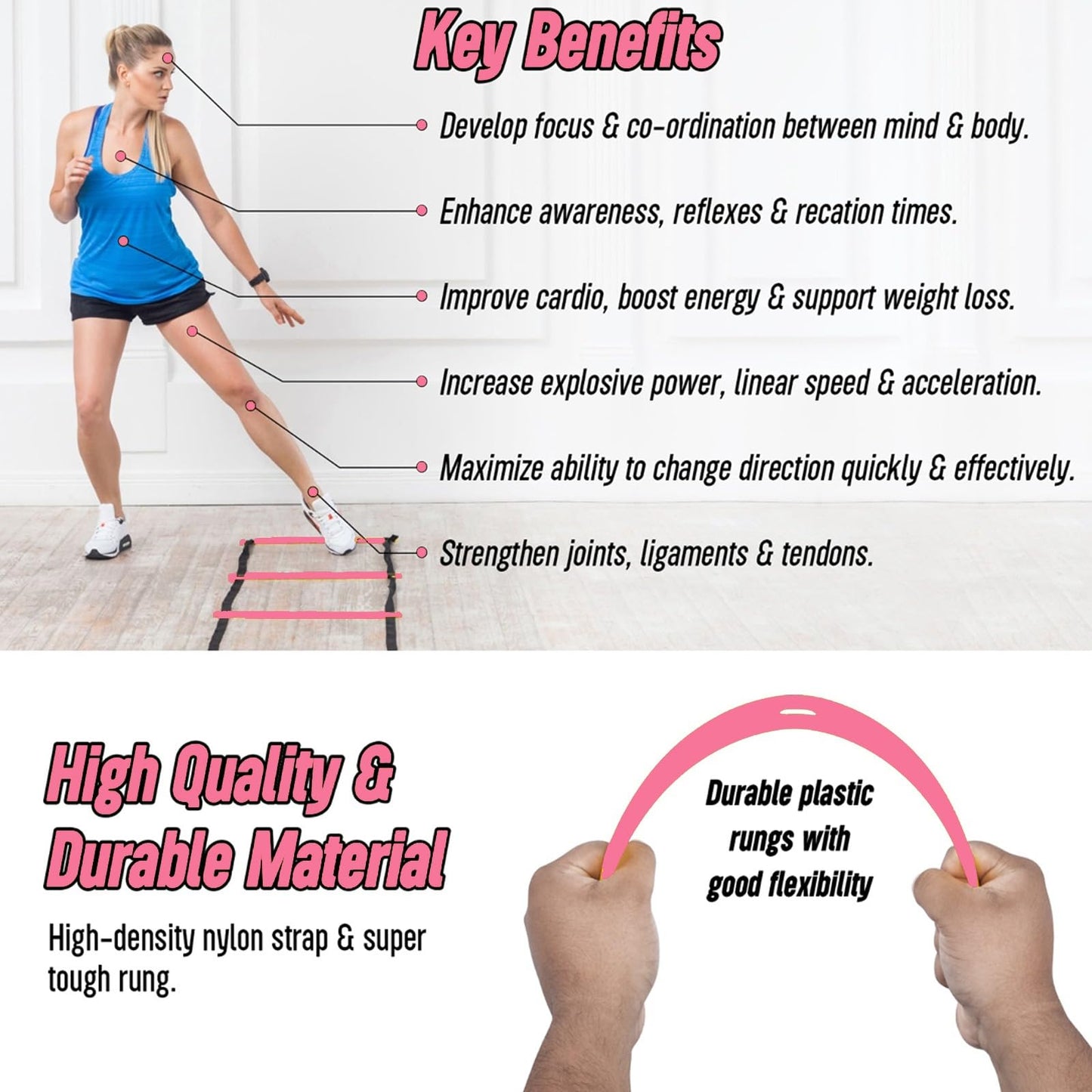LYKAN FIT 20ft Sports Agility Ladder for Men Women and Kids, Speed Youth Soccer Agility Training Equipment for Football, Exercise, Soccer, Tennis, Legs Workout with Carry Bag (Pink)