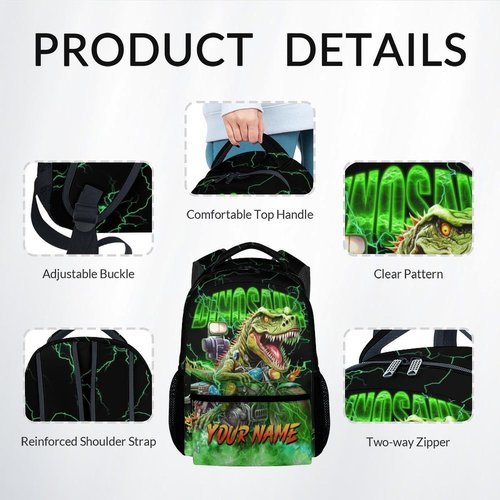 Personalized Backpack with Lunch Box, Dinosaur Backpacks for Boys, 17 Inch Custom Kids School Bag Set, Motorcycle Bookbags for Elementary