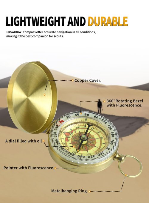 HKSWUTKW Brass Waterproof Golden Keychain Compass - Vintage Antique Design for Kids, Boy Scouts & Hiking - Survival Orienteering & Navigation Gear