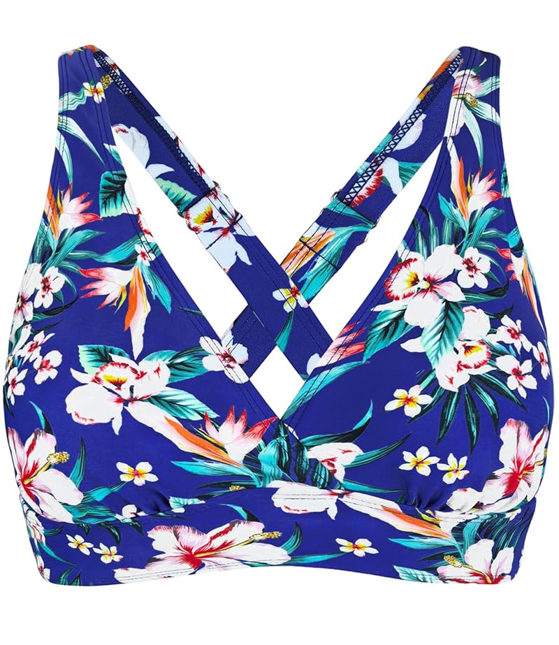 Blue Floral Sporty Bikini Top for Large Bust - Removable Pads, Crisscross Straps