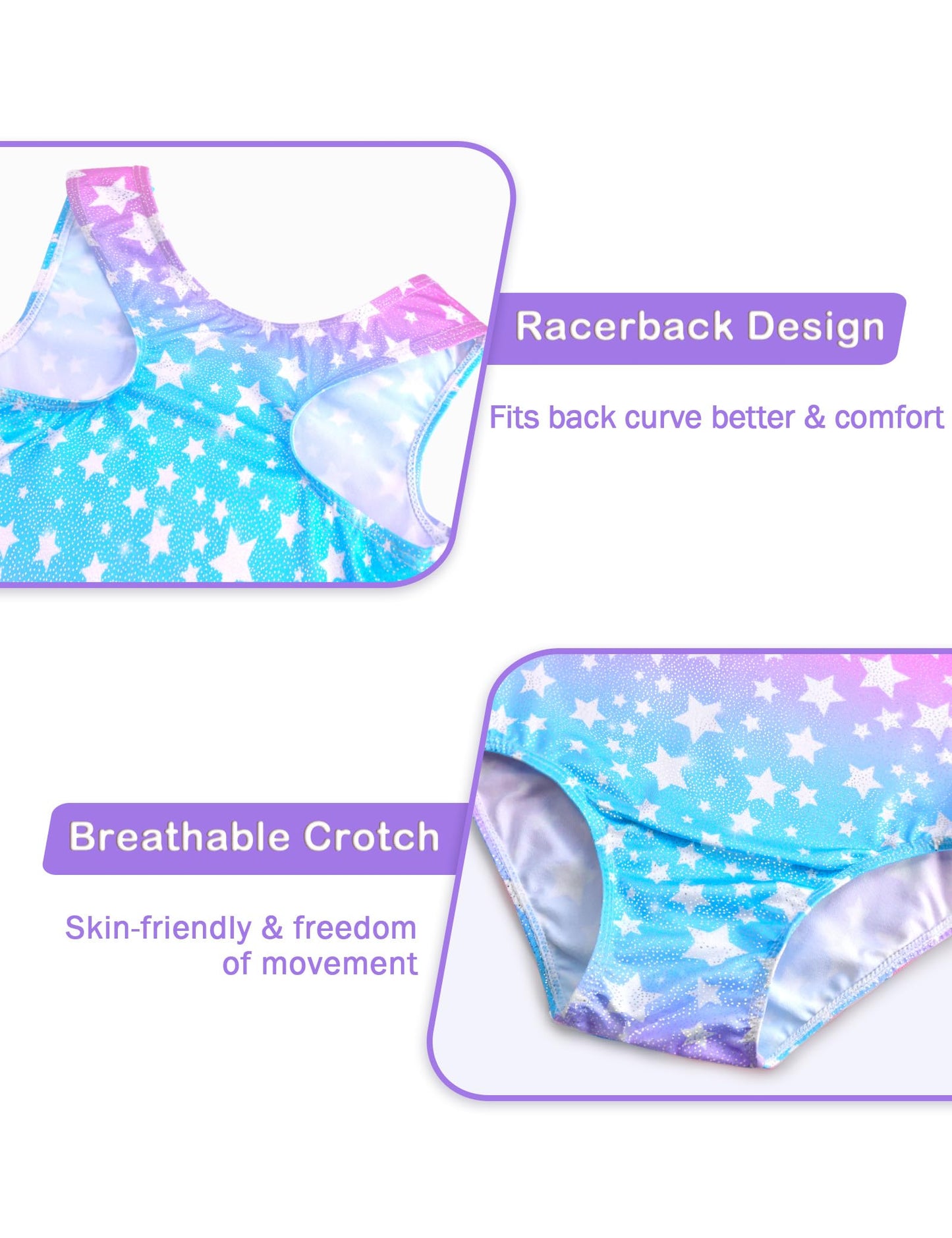 Kirinkylin Girls Leotards for Gymnastics Size 8-9 Years Purple Blue Stars Shiny Dance Wear with Shorts for Little Ones