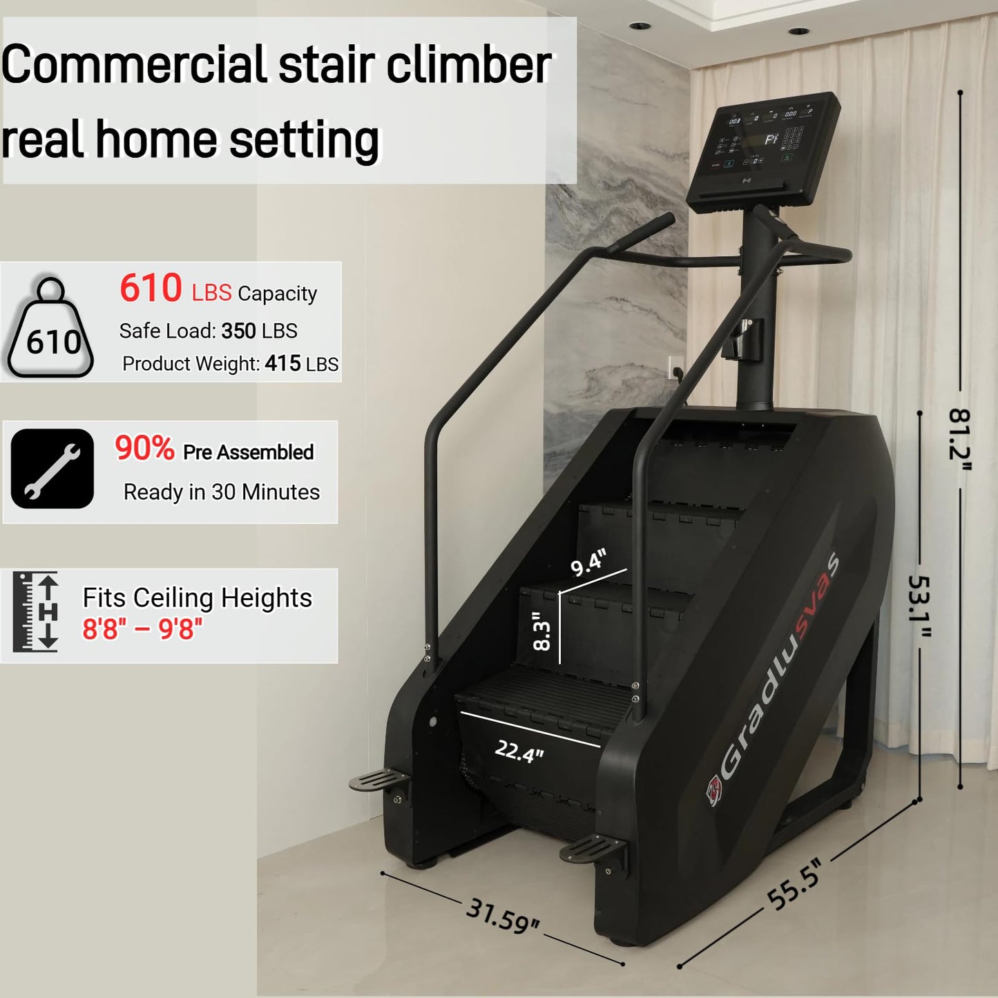 Stairmaster Stair Climber Machine, 610LBS Commercial Stair Stepper with LED Display & Button Controls, 15 Resistance Levels, Heart Rate Monitor, 9 Programs, Wireless Charging
