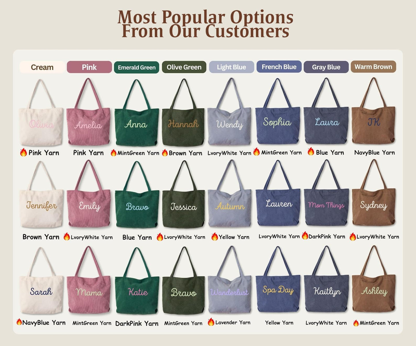 HASAWIN Personalized Embroidered Corduroy Tote Bag - Bridesmaid Gift, Custom Name Tote Bag, Everyday Essential & Weekender, Christmas Gift for Her