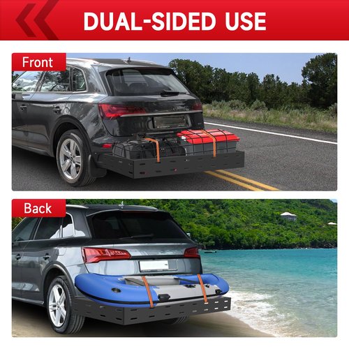 ROADGIVE 46"x20"x5" Foldable Hitch-Mount Cargo Carrier, 400 lbs Capacity, Carbon Steel Trailer Hitch Basket for SUV, Truck, Car with Net & Ratchet Straps