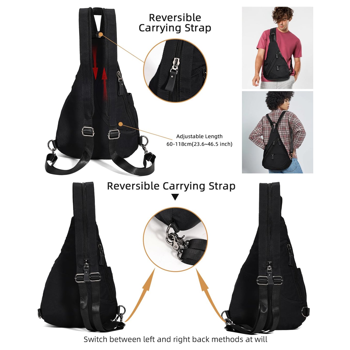 KL928 Nylon Sling Bag - Small Crossbody Backpack Shoulder Casual Daypack Multipurpose Rucksack for Men Women(Black)