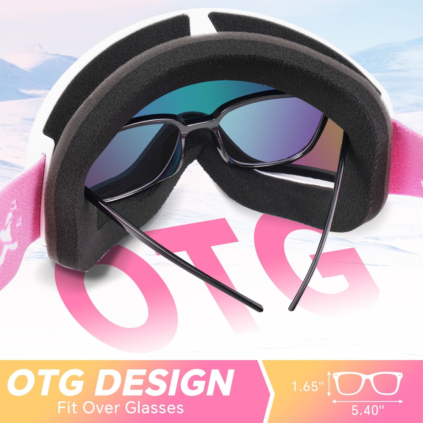 Keary OTG Ski Snow Goggles for Men Women Adults Youth Anti-fog 100%UV Protection Skiing Winter Snow Sports Goggles over Glasses Compatible With Helmet, Pink Snowmobile Goggle for Adult Snowboard Gear