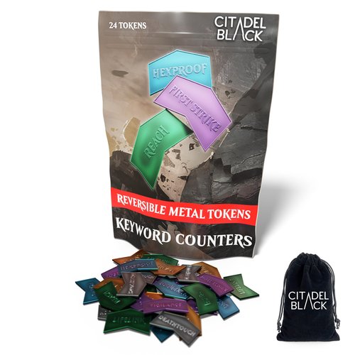 Citadel Black MTG Metal Keyword Counters - Set of 24 Reversible Tokens - Includes Drawstring Pouch, Antique Metal Finish, Designed for MTG TCG Magic: The Gathering Accessory