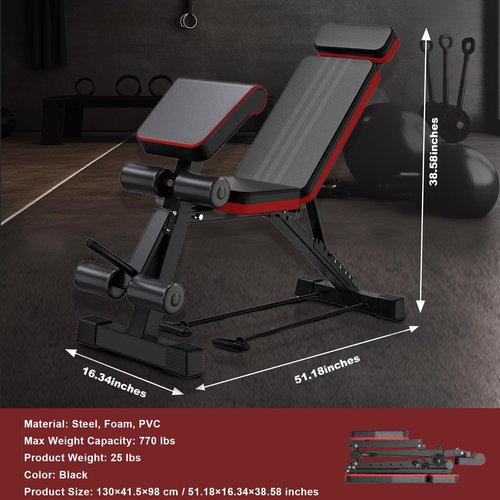BAOKALER Adjustable Weight Bench, Workout Bench with Extended Headrest, Foldable Weight Bench for Home Gym, Incline Bench for Full Body Workout, Load 770LBS, 7-Level Adjustable