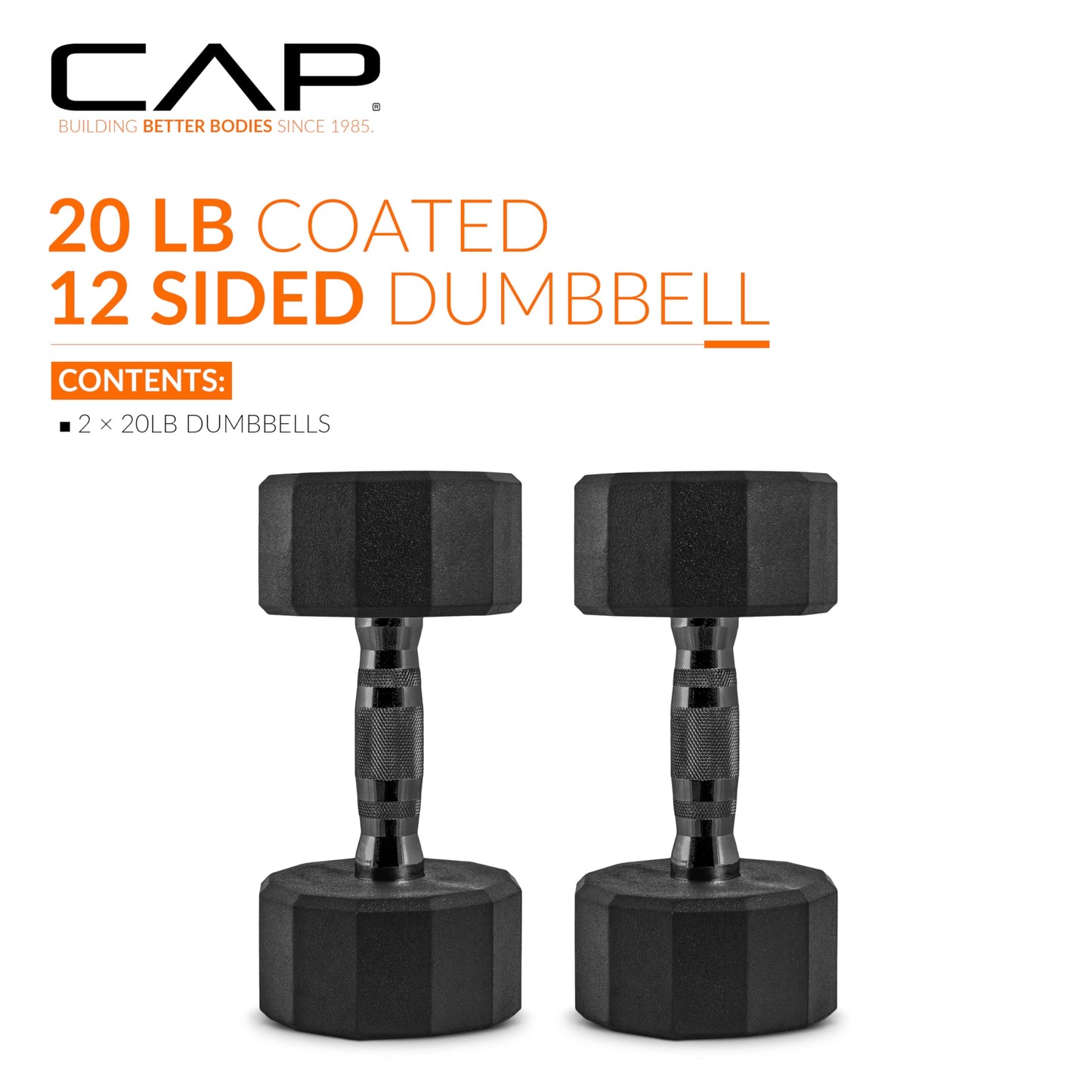 CAP 20 LB 12-Sided Rubber Coated Dumbbell Weight, Rubber Free Weights for Home Gym Strength Training, Black Oxide Handle, Pair
