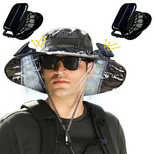 Solar Fan Hat,Wide Brim Solar Fan Outdoor Fishing Hat,Men Sun Hat with 2 Solar Fan Fishing Hats,3 Speed Adjustable Fans Hats (US, Alpha, One Size, Black and White)