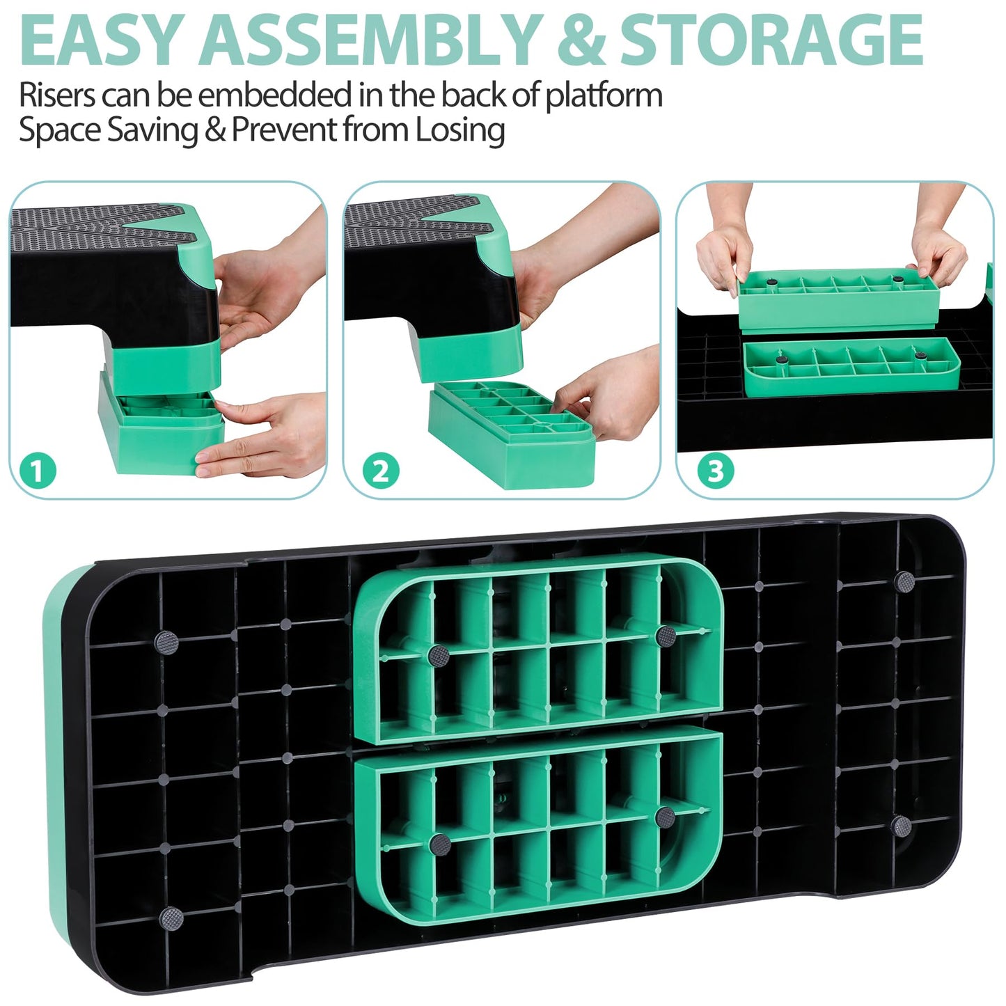 26.5 Inch Aerobic Exercise Step Platform for Home Gym, 4” 6” 8”Adjustable Risers for Home Gym Fitness Workout, Stepper Step Trainer, Green