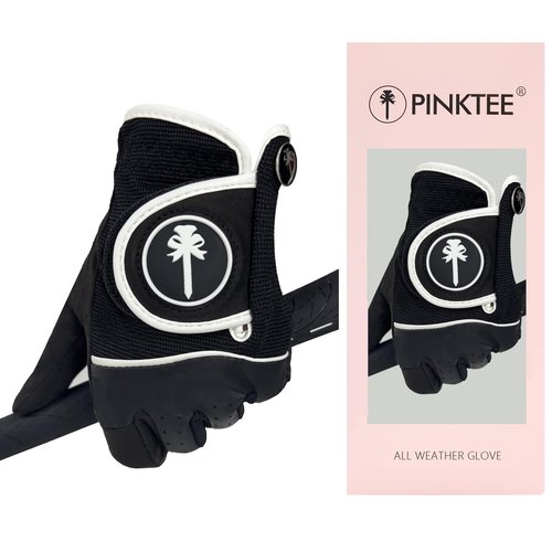 CROWNBLANKS PINKTEE Women's RainGrip Golf Glove Left Hand Ladies All Weather Golf Gloves with Pink Marker for Hot Wet Weather (Blackwhite, Small)