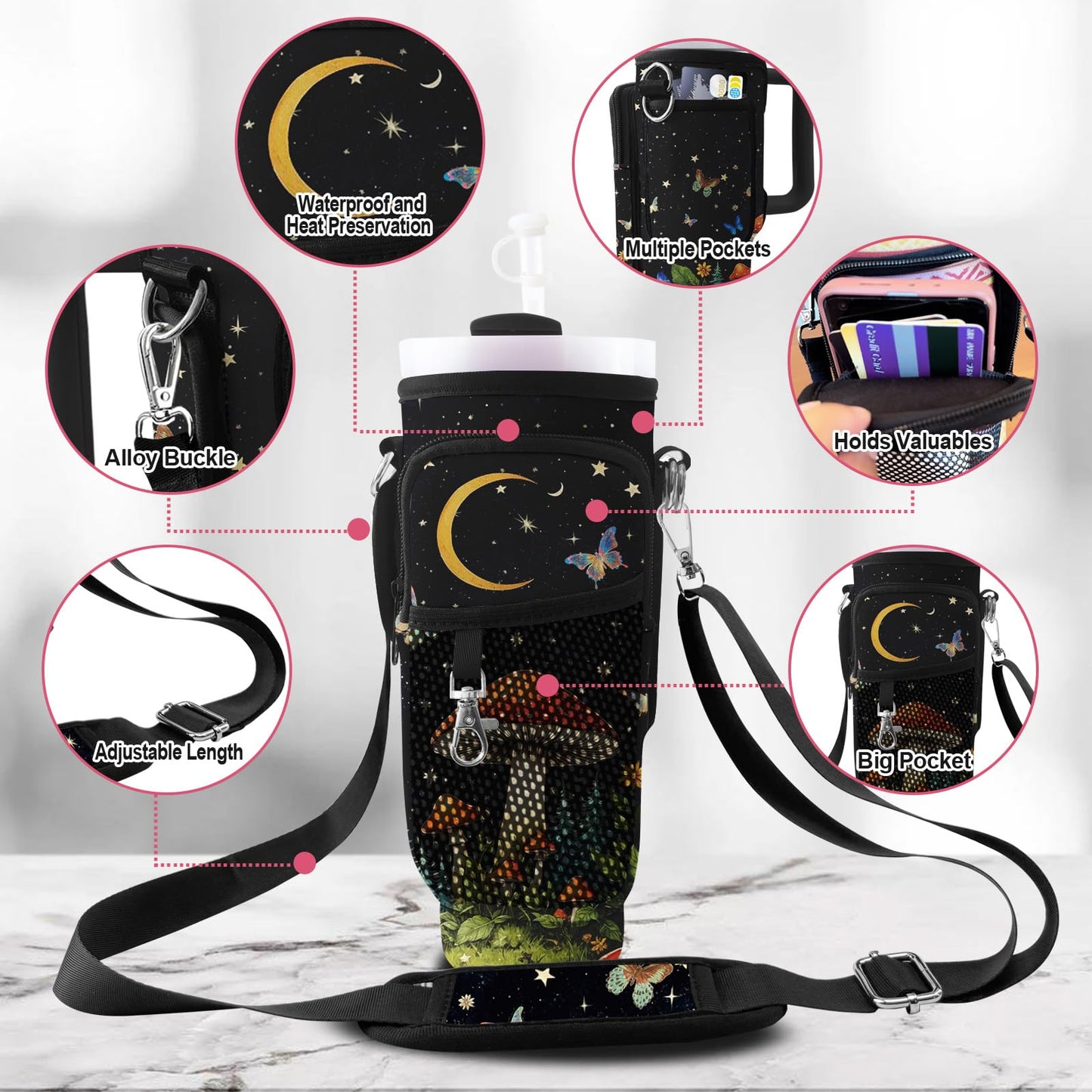 LAOTANGJIA Stanley Cup Carrier 40oz Tumbler with Water Bottle Holder Carrier Bag and Phone with 2 Adjustable Strap Bottle Holder Stanley Cup Accessories for Hiking Travelling Camping,Mushroom