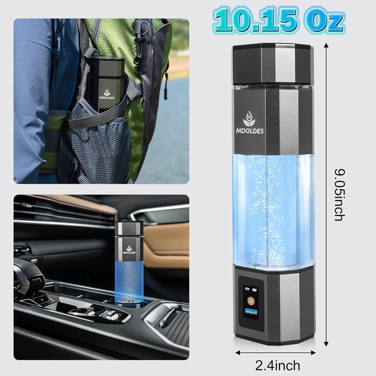Hydrogen Water Bottle -Mdoldes- Concentration up to 4.0+PPM-SPE and PEM Technology Hydrogen Water Bottle,Certified H2 Generator， H2 Half-Life: 80 Minutes， Blood Sugar lowering, 10.15 oz (Gun Grey)