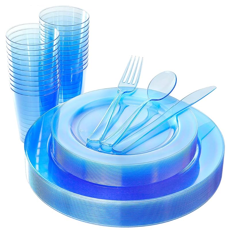 Blue Party Dinnerware Set 25 Plates, 25 Salad Plates, 25 Forks, Knives, Spoons & 150 Cups – Disposable Plastic