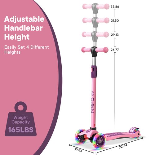 Dribbl 3-Wheel Kids Scooter - Lean-to-Steer Technology, Adjustable Height Handlebar, Wide Deck, Scooter for Boys & Girls Ages 3+, Child Safety Approved, Support Riders Up to 165 lbs, Purple and Pink