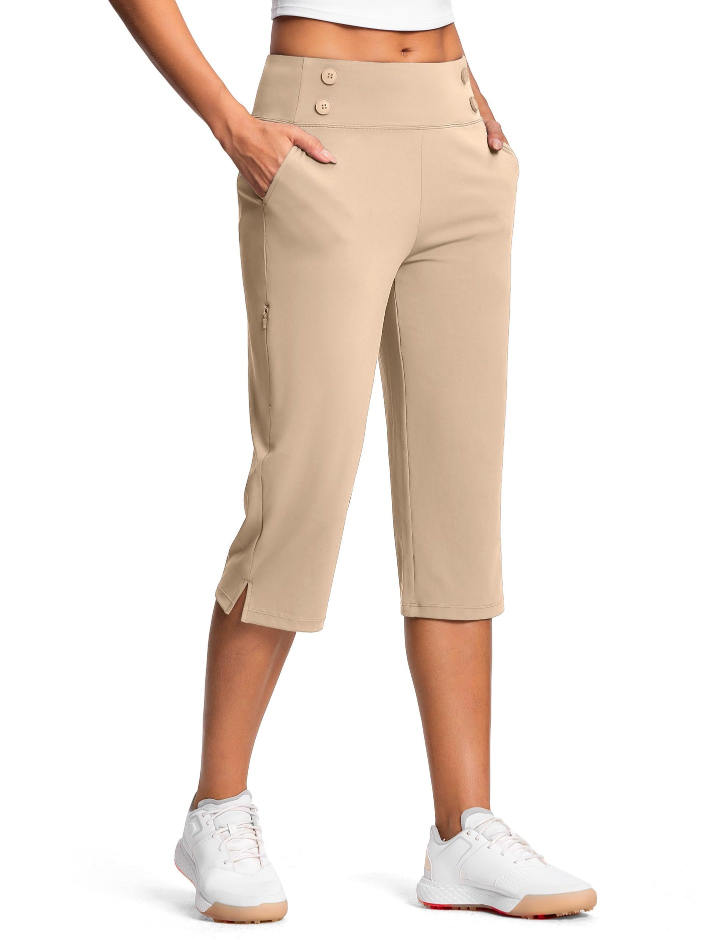 ISEEGZ 18" Dressy Capri Pants for Women High Waist Stretch Womens Golf Capris Pants for Summer with Pockets Work Casual Khaki