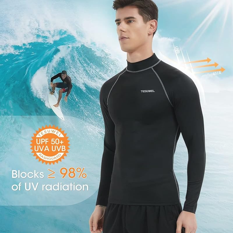 Mens Rash Guard Long Sleeve UPF 50+ Swim Shirt with Black-Grey Variation 6 Medium