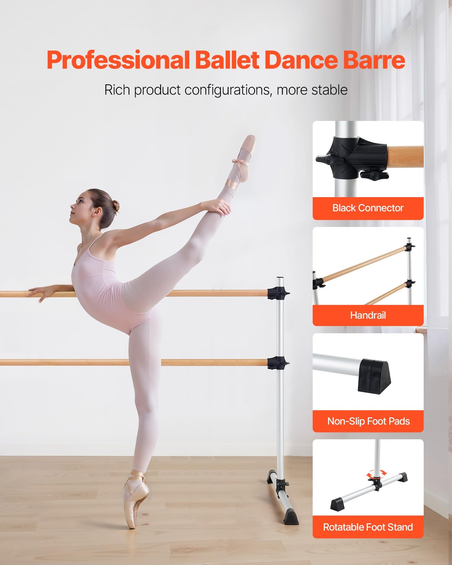 VEVOR Ballet Barre, 6 Ft Double Beechwood Barre Bar for Home, Freestanding Portable Ballet Stretching Dance Bars, Height Adjustable Anti-Wobble Fitness Gym Equipment, for Pilates Balance Workout