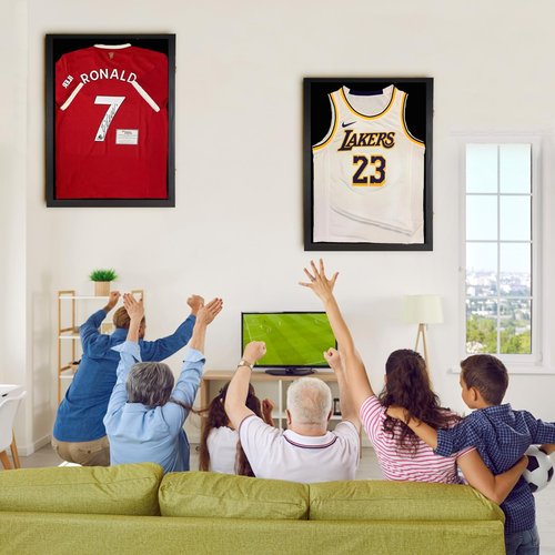 Jersey Wooden Frame Display Case -Shadow Box with 98% UV Protection Acrylic and Hanger for L or XL Baseball Basketball Football Hockey Sport Shirt and Uniform Gifts for Men (Black, 1 Pack)