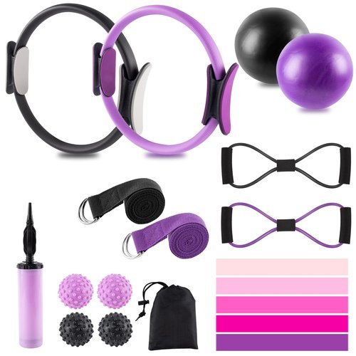 Pilates Ring Set – Home Pilates Equipment for Women Kit with Magic Circle Pilates Ring and Ball Set, Resistance Bands & Massage Balls & Exercise Bands for Toning，Flexibility & Core Strength