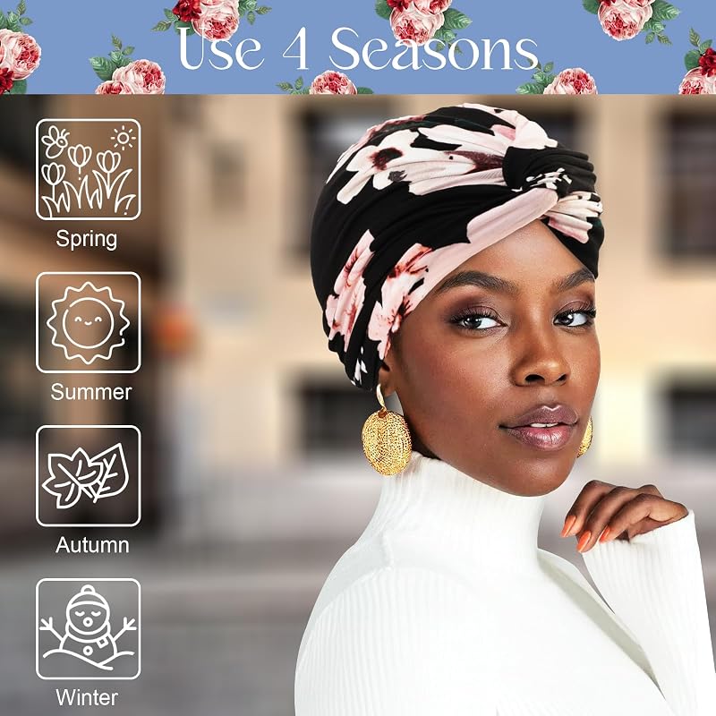 Two-Piece Printed Turban Head Wrap Set for Women - Pre-Tied Knot Chemo Headwear (Black, Blue Floral)
