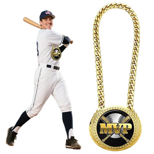 Baseball Chain MVP Medal Award – 6" Oversized Gold Turnover Chain Trophy Necklace Prize for Team Champion, Little League, Youth Baseball, Tournament Winner, Banquets Party Gifts