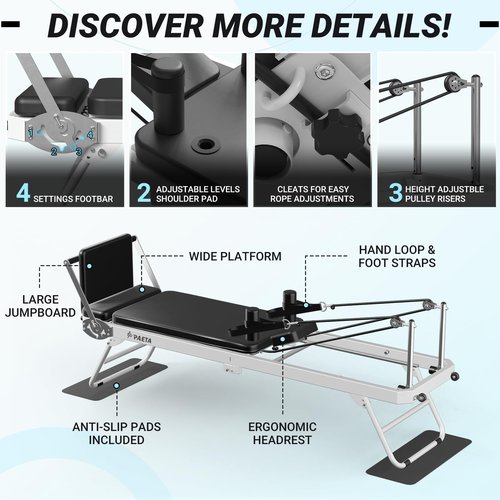 Pilates Reformer, PAETA Foldable Reformer Pilates Machine for Home Use, with Dual Resistance- Springs and Cords, Pilates Equipment for Home Workouts with Jump Board, Up to 400 LBS(White