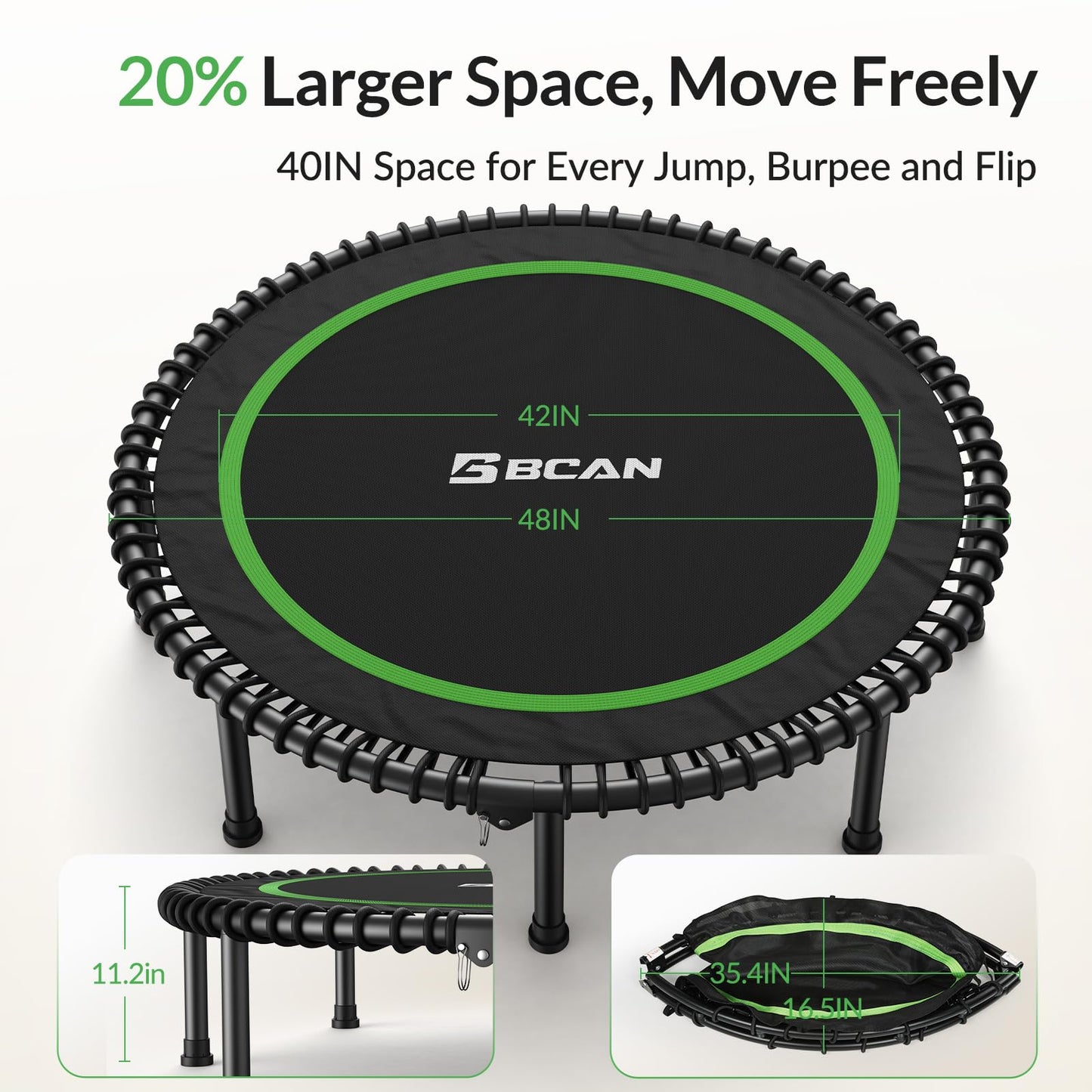 BCAN 48" Adult Fitness Trampoline with Durable Bungees, Stable & Quiet Exercise Rebounder,Great Mini Trampoline for Indoor/Garden Workout - Green
