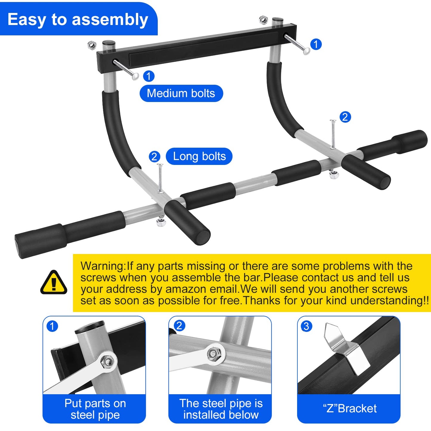 Doorway Pull Up Bar for Home Gym, Padded Grips Chin Up Bars for Door Frame, Heavy-Duty Thickened Steel