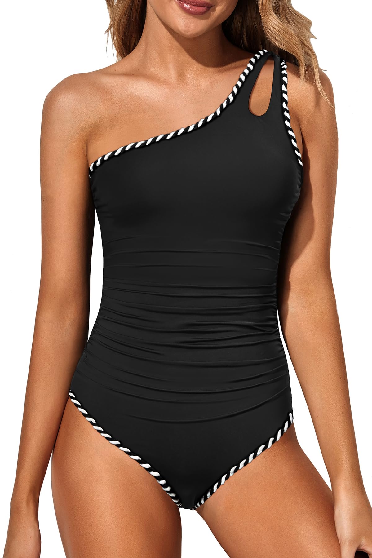 Holipick One Shoulder One Piece Swimsuit for Women Tummy Control Bathing Suits Modest Full Coverage Keyhole Swimwear