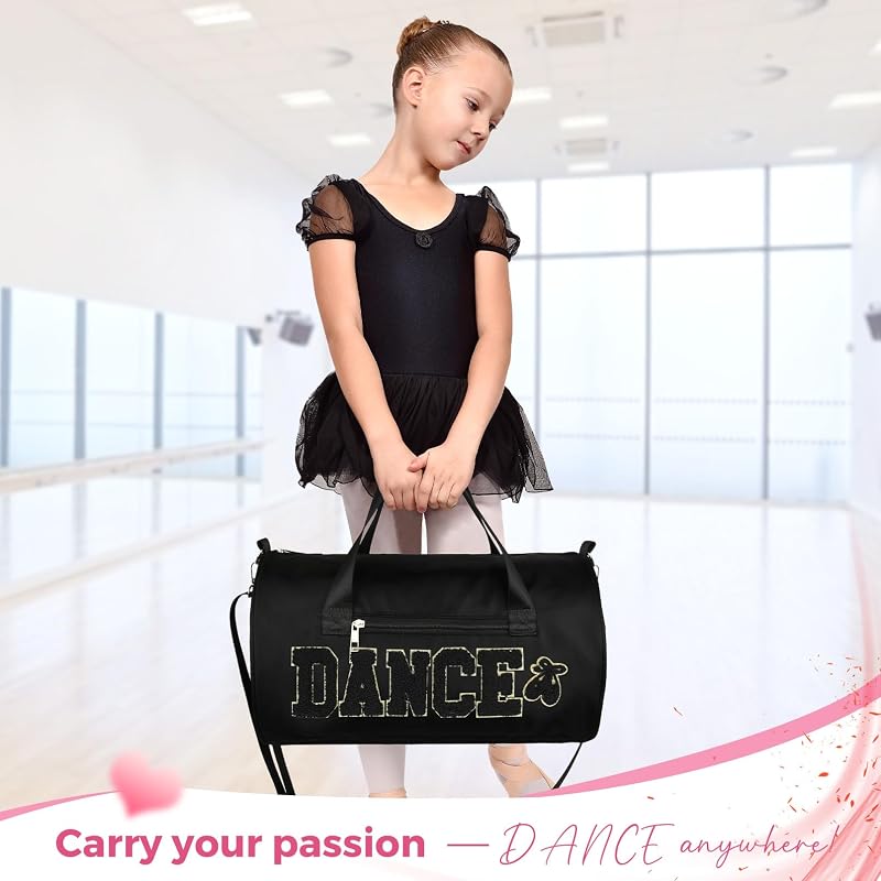 KUIRAN 23L Dance Duffle Bag for Girls with Colorful Chenille Lettering - Black/Gold, Medium