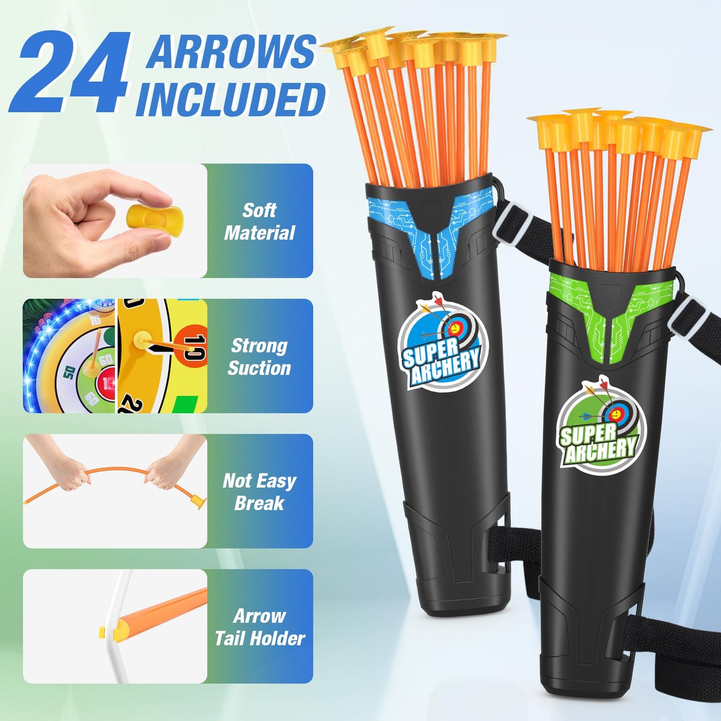HYES 2 Pack Kids Bow and Arrow with 29" Large Dart Board, LED Light Up Archery Set with 24 Suction Cup Arrows, Indoor Outdoor Sport Toys Gifts for 3 4 5 6 7 8 9 10 11 12 Year Old Boys Girls