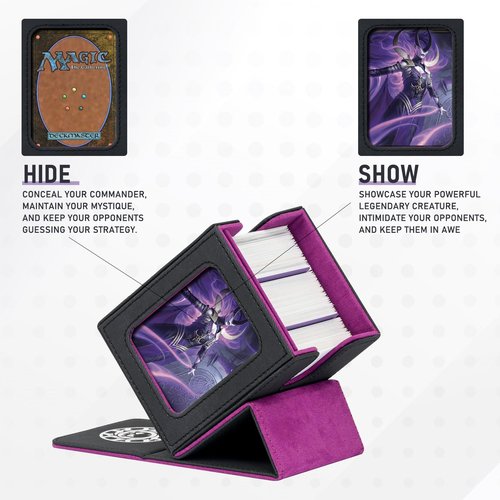 Infinity Guard Card Deck Box for MTG with Commander Display for 100+ Double Sleeved Cards, Magnetic Card Storage Box Fits for TCG Sports Trading Cards (Black&Purple)