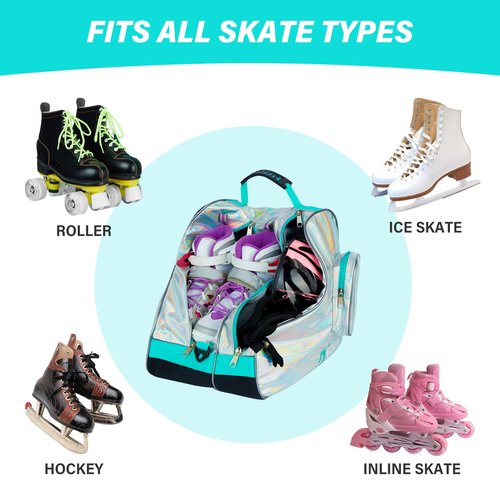 Roller Skate Bag Inline Skates Bag Stylish Plain Holographic Fashion Model Spacious Big Capacity Ice Skate Bag Breathable Mesh Waterproof & Durable Figure Skating Bag For Women And Youth (Silver)