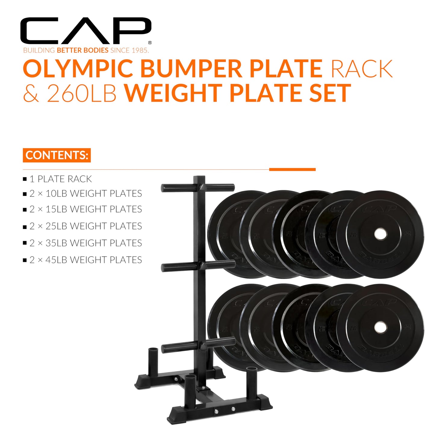 CAP 260 lb Elite Olympic Bumper Plate Set with Storage Rack, 2-Inch Olympic Plates, Medium Bounce Rubber Weight Plates with Stainless Steel Hub, 6 Weight Posts & 4 Barbell Holders for Weightlifting, Strength Training & Home Gym Workouts