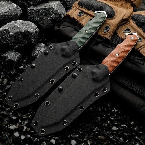HUANG FU Tactical Fixed Blade Hunting Knife Set with Kydex Sheath, Brown and Green G10 Handles, Stainless Steel (Green handle)