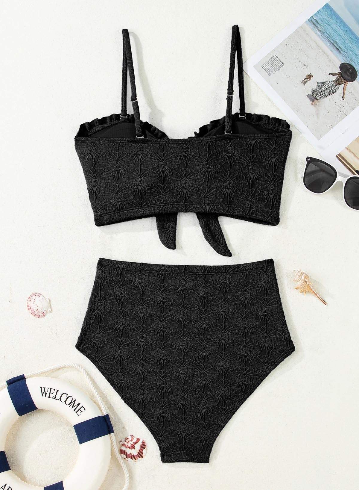 Herseas Women's Seashell Textured Black Bikini Sets Knotted Front High Waisted 2 Piece Swim Suit Ruffle Trim Slimming Bathing Suits Modest Cruise Essentials 2026 Medium
