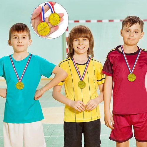BoAn 36 Pieces Gold Plastic Winner Award Medals, Birthday Present for Kids, White and Blue Ribbon for Games Competitions, Sports, Tournaments, Competitions and Party Decorations, 1.4 x 1.7 Inches