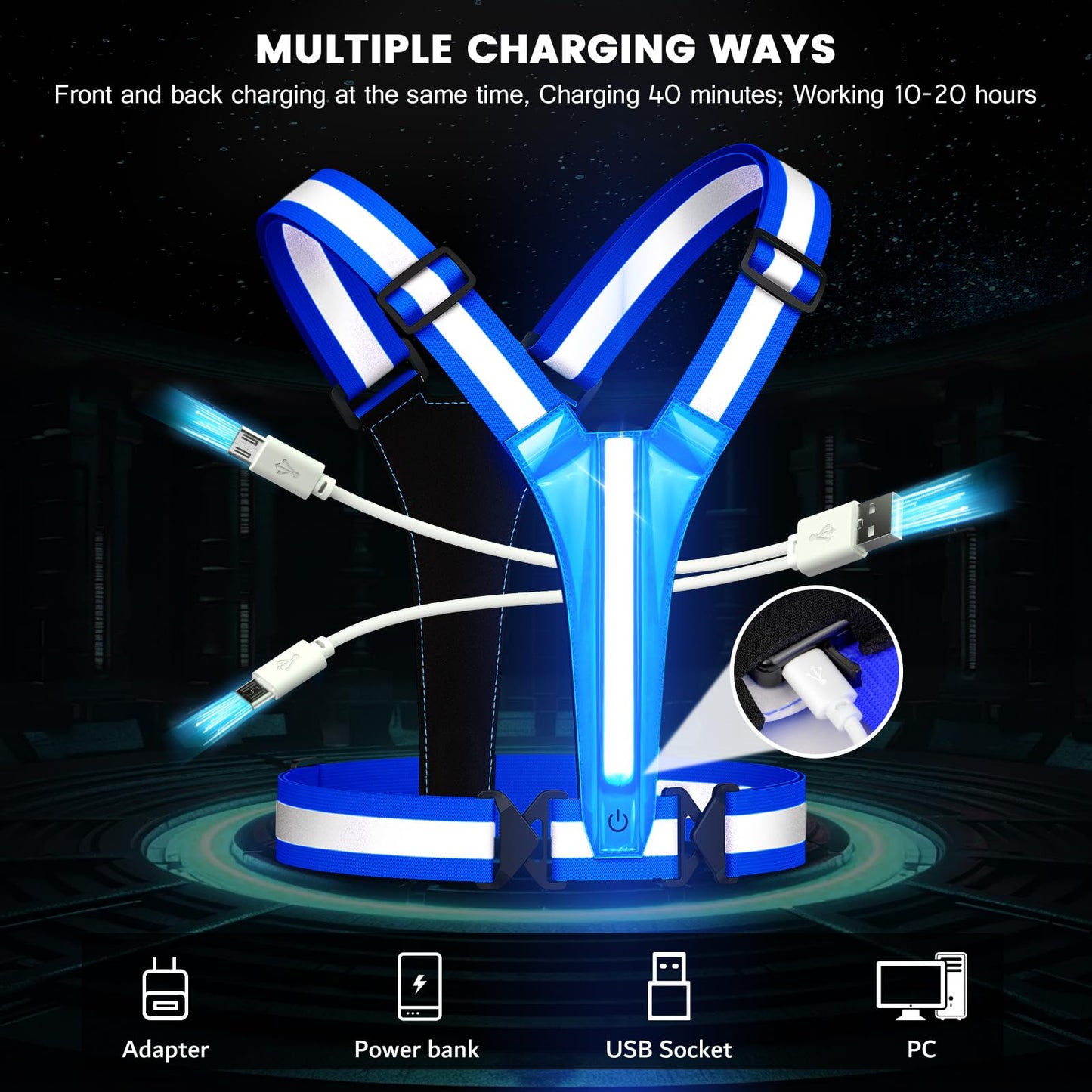 Fokia Kunbio LED Reflective Running Vest Gear,Light Up Vest Runners Night Walking USB Rechargeable,Up to 11hrs Light with Adjustable Waist/Shoulder for Women Men Kids (Blue)