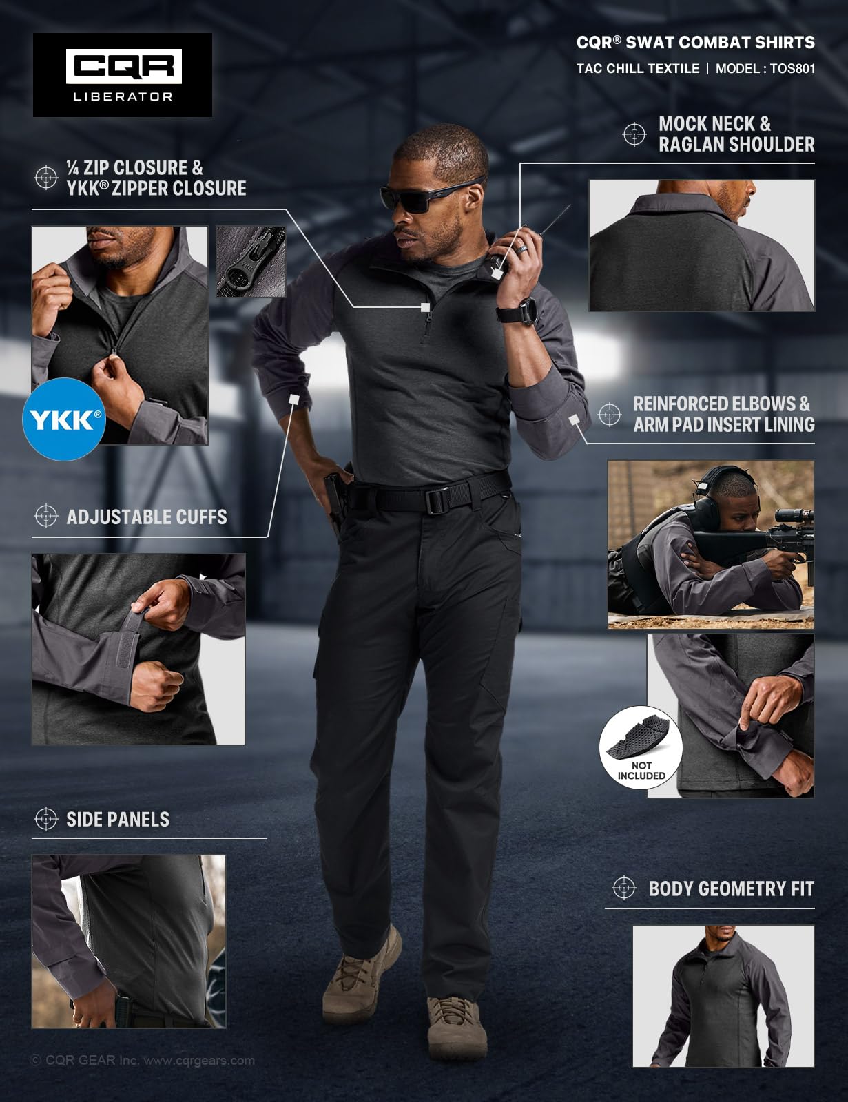 CQR Men's Tactical Combat Shirt, 1/4 Zip Long Sleeve Breathable Military BDU Training Top for Shooting, Hunting, Range Use, Tac Chill Charcoal, Medium
