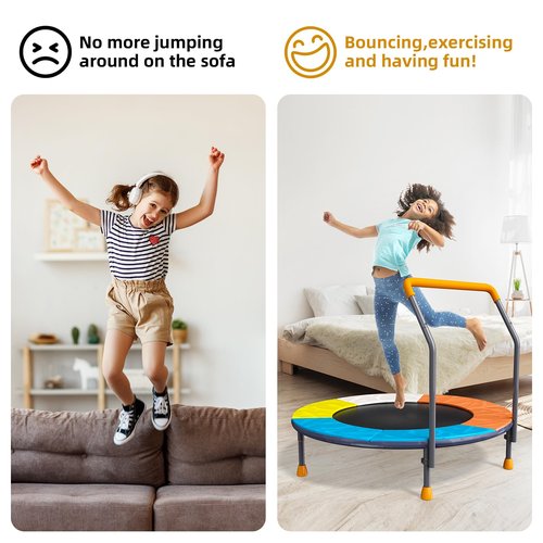 3FT Toddler Trampoline with Adjustable Handlebar - 36” Foldable, Spring-Free & Noiseless Mini Kids Trampoline for Indoor/Outdoor Active Play - Safe, Durable Design, Supports Up to 100 lbs