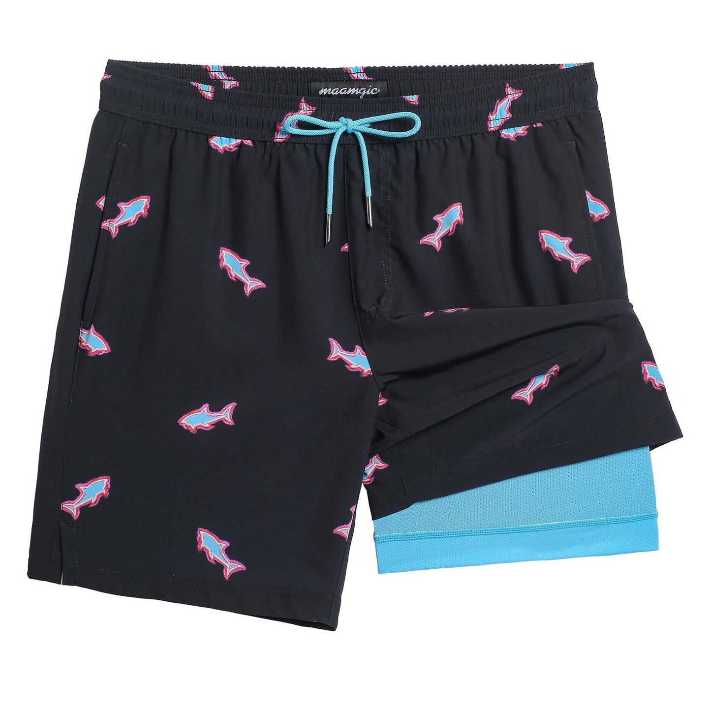 maamgic Mens Swim Trunks with Compression Liner 7 Inch Inseam Mens Bathing Suit Quick Dry Swimming Trunks Swimsuit Shark Black Blue Large