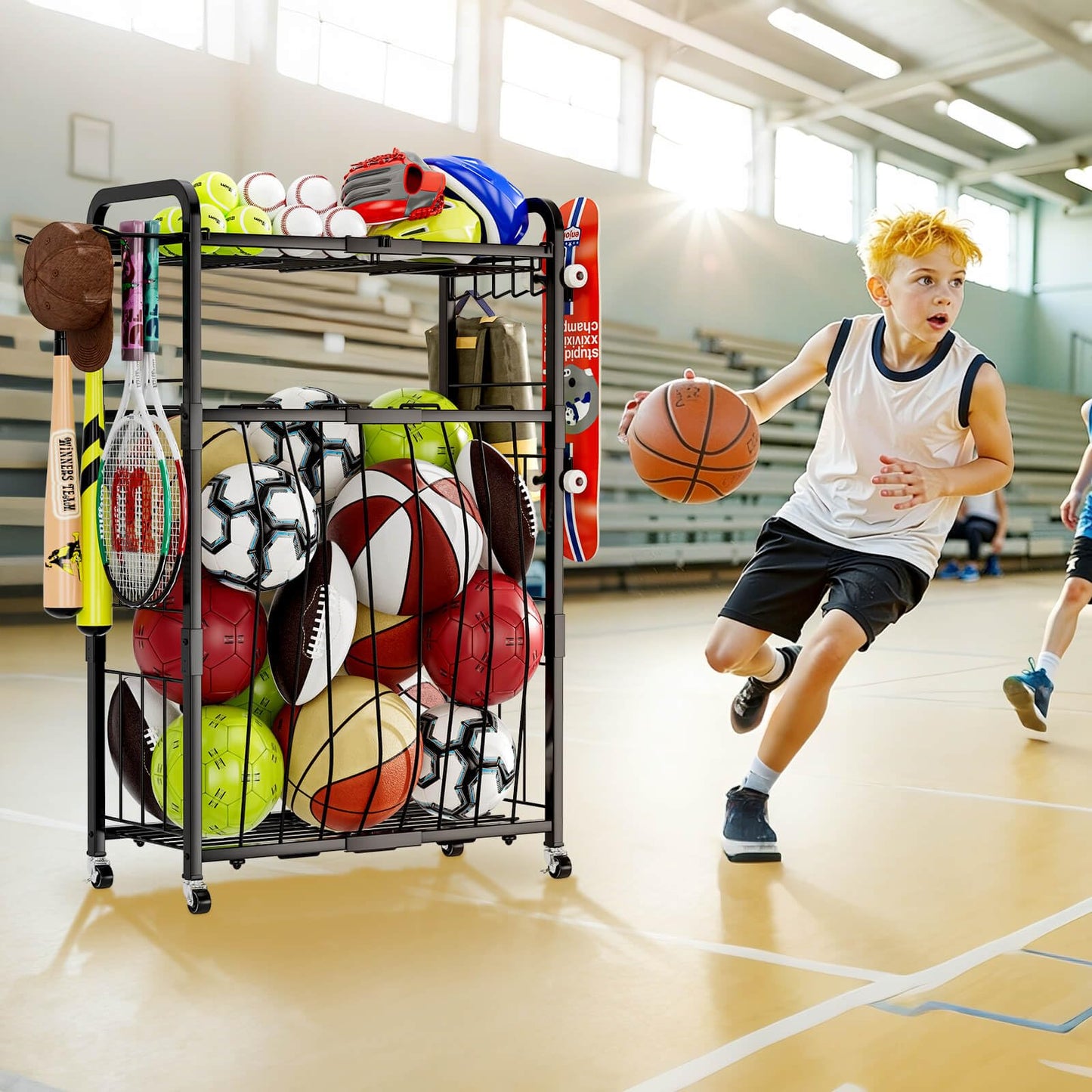 YIWANFW Garage Ball Storage Rack - Sports Equipment Organizer with Wheels, Rolling Sports Ball Cart with Elastic Rope, Outdoor Ball Holder for Basketball Soccer Volleyball Football, Garage Toy Storage