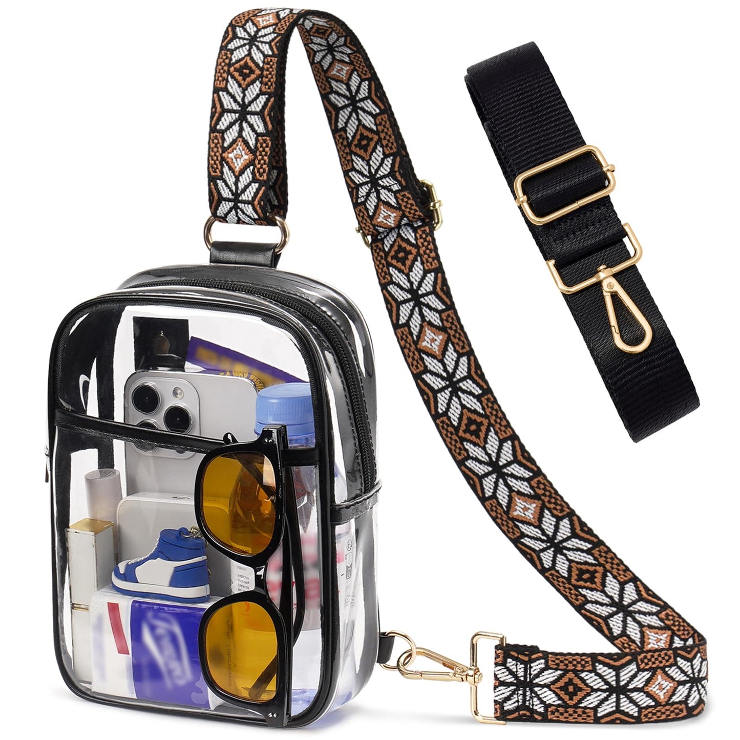 QOECI Clear Bag for Stadium Events 12 x6 x12, Clear Crossbody Bags For Women Men With 2 Extra-Long Staps, Transparent Purses Backpack Sling Belt Fanny Pack Stadium Approved For Concert Sport, Black