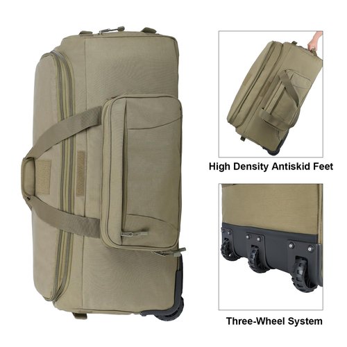 Military Tactical Wheeled Deployment Bag Rolling Duffel Trolley Bag for Camping (Green)