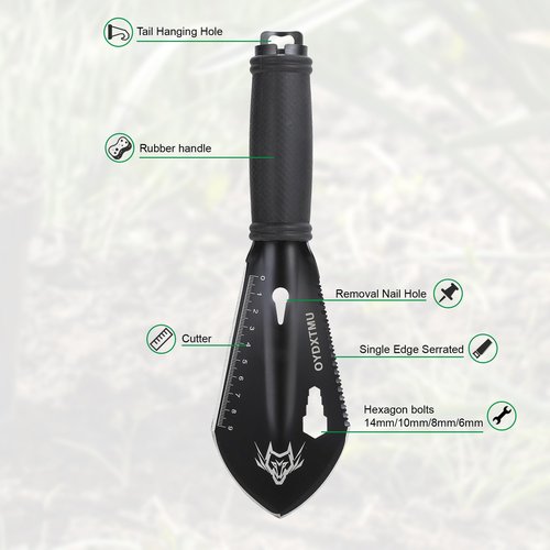 OYDXTMU Backpacking Shovel, Small Camping Trowel,9 in 1 Hand Shovel, Garden Trowel Hand Tool with Carrying Pouch for Gardening, Outdoor, Survival, Digging, Black