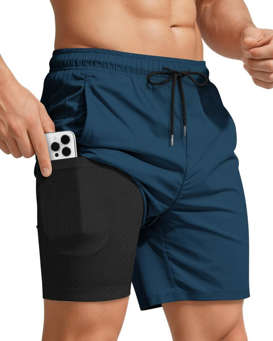 7 Inch Men Swim Trunks mid-thigh Compression Liner Quick Dry Male Swimwear Bikini Swimsuit Bathing Suit Beach Water Shorts Board Surf Track Training Jogger Active Walking Wear Attire Outfit Apparel