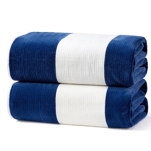Loon & Lake Sand Resistant Beach Towels Set of 2 | Waffle Weave Reverse to Plush Velour Block Stripe | 2 Pack 30" x 60" | Crafted from 100% Combed Cotton | Wolfeboro Collection - Navy Blue