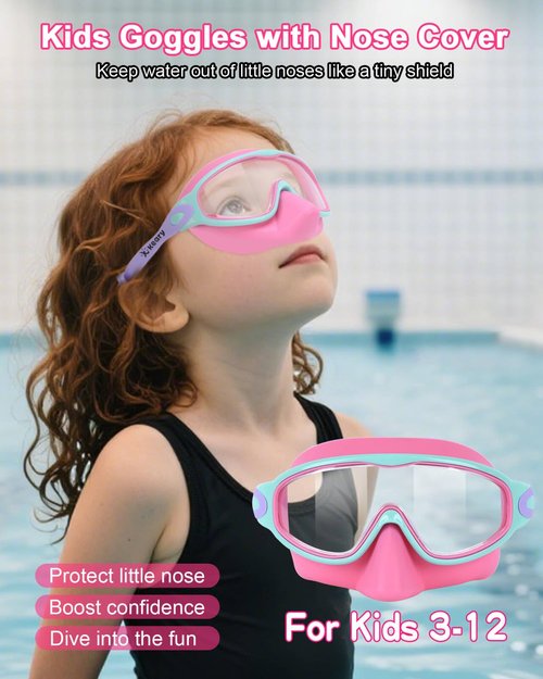 Keary Kids Swim Goggles with Nose Cover Swimming Goggles for Kids 6-14 8-12 Age 4-7 3-6 Toddler Boys Girl Youth Child Snorkel Mask Anti Fog Diving Masks Pool Water Glasses Round Frame Leakproof